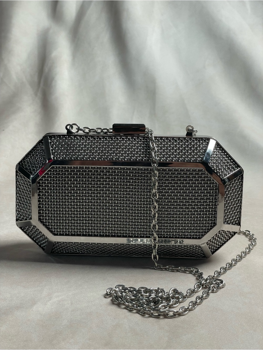 BCBGMaxAzria Silver Metallic Mesh Octagon Crossbody Clutch
